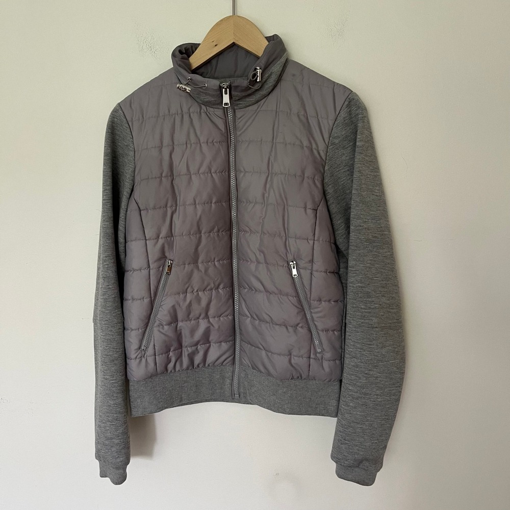 Reiss Grey Hybrid Quilted Puffer Jersey Zip Up Jacket Mock Neck Womens 4 UK 8